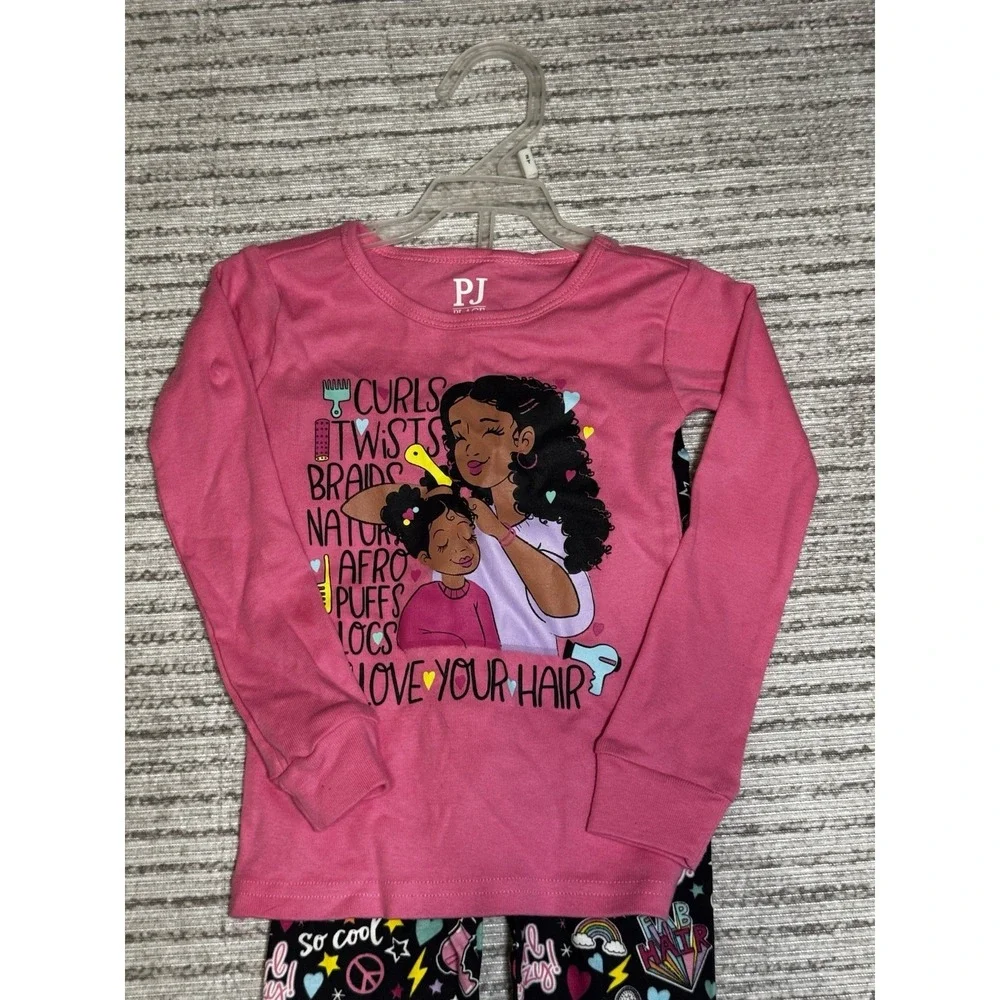 NWT PJ Place Girls 2T Pajama Set Pink Black Curls Braids Natural Hair Graphic